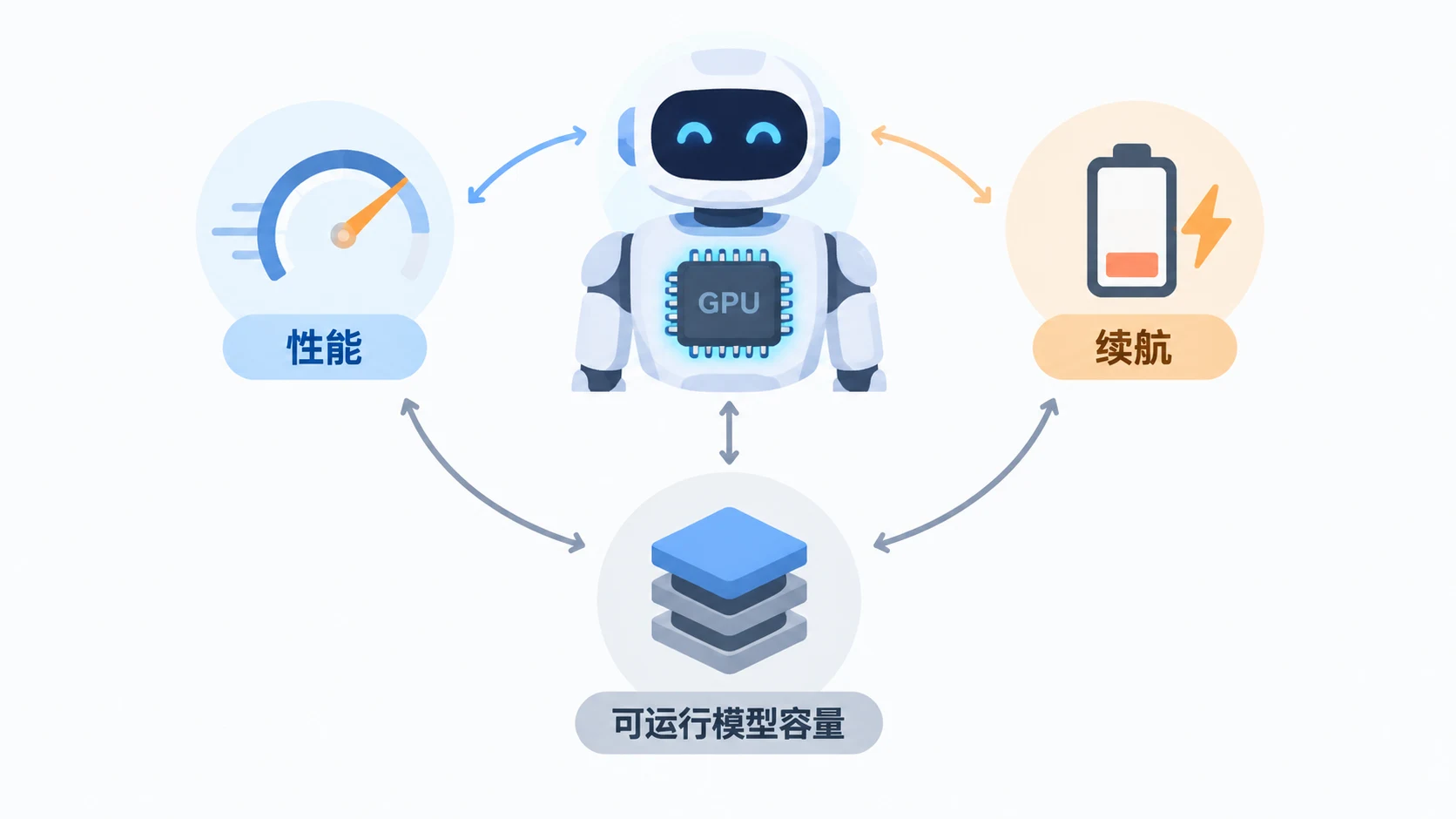 概念信息图：机器人板载GPU同时牵动性能、电池续航和可运行模型容量三个约束。