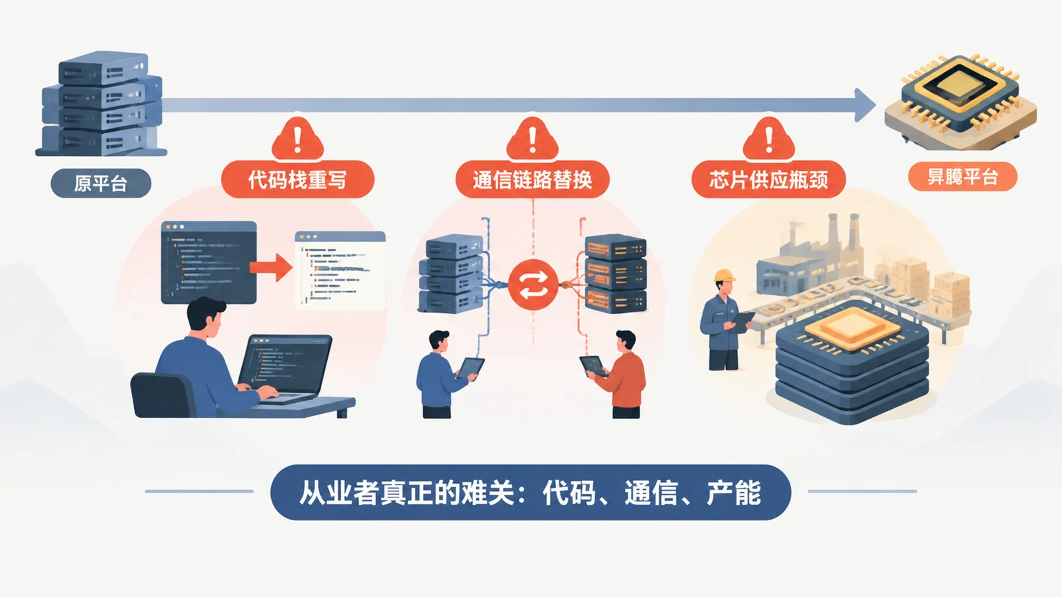 信息图表现迁移到新芯片平台的三道坎:训练代码栈重写、通信链路替换和芯片供应瓶颈,路径上有警示标记。