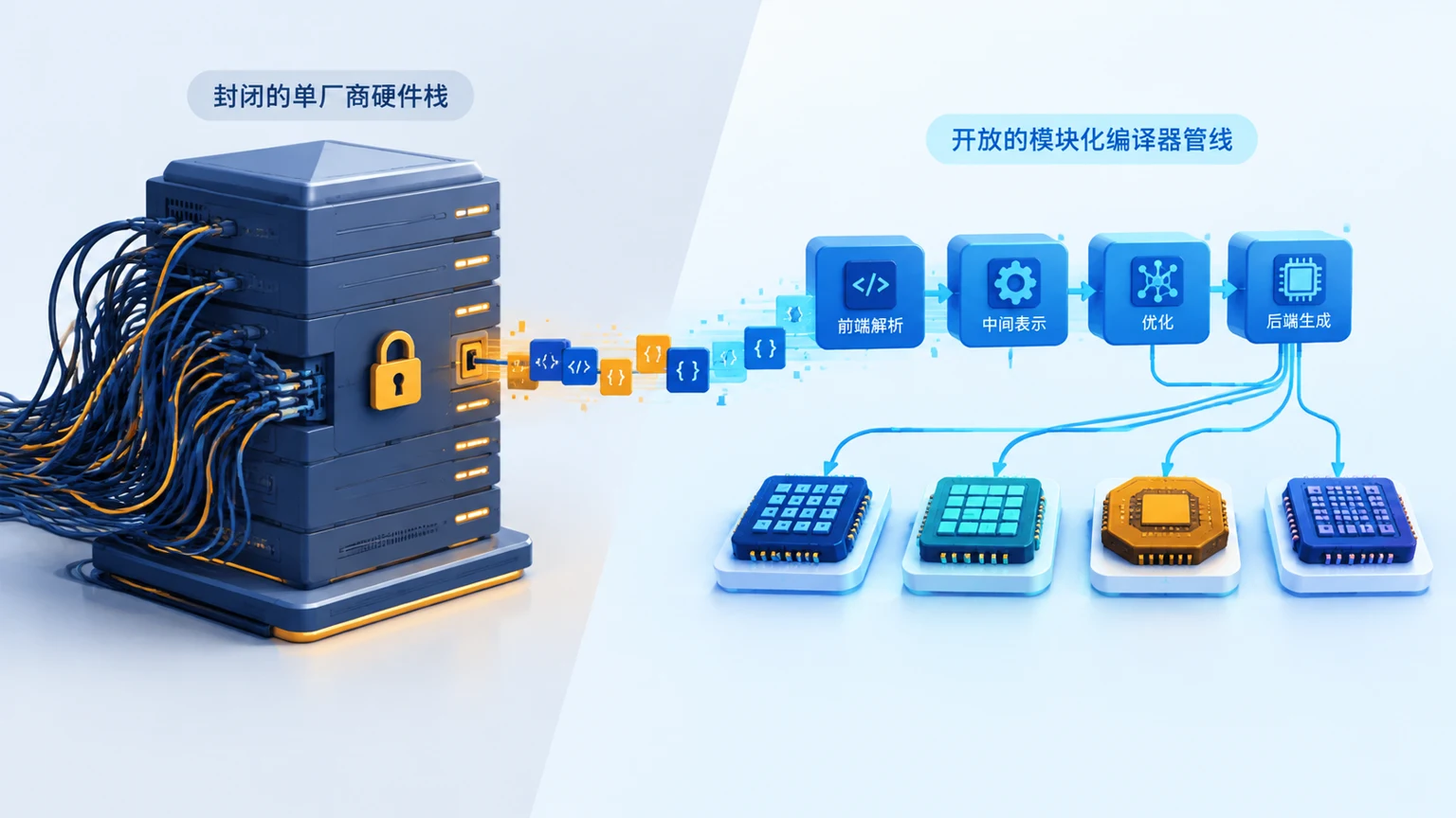 左右对比:封闭的单厂商硬件栈与开放的模块化编译器管线,通过代码块连接多种抽象芯片,表现跨后端算子开发。